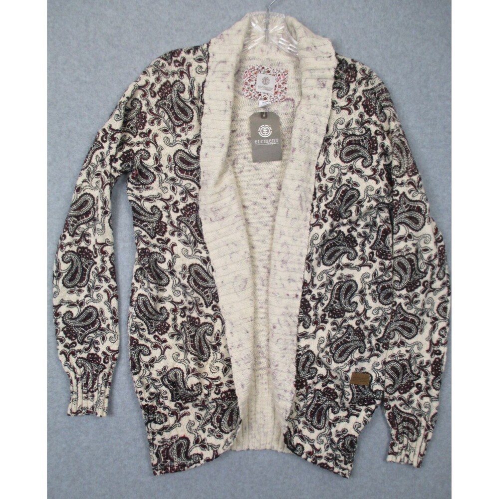 Womens Cardigan Medium Open Front Shawl Collar Cotton Paisley Maroon Red Boho